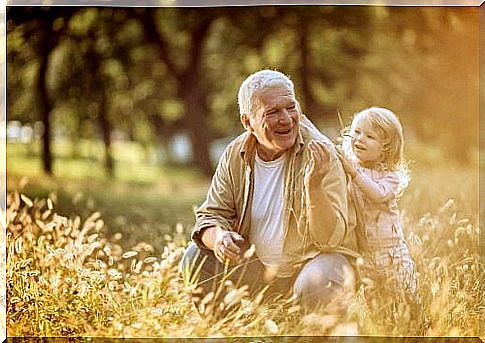 Grandparents are always present like grandma and grandchildren in the meadow